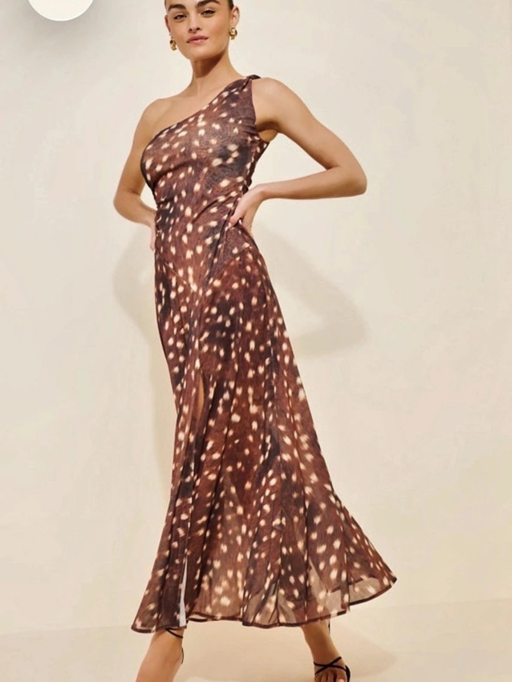 Esthe One Shoulder Fawn Print Twist Maxi Dress